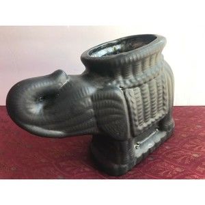 Vintage MCM Decor Dark Gray Elephant Planter / Vase Signed LM 84